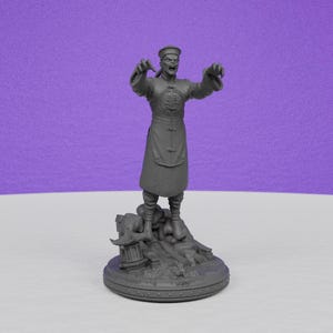 May include: A gray figurine of a Chinese hopping vampire, or Jiangshi, with outstretched arms and a menacing expression. The figure is standing on a detailed base with a pagoda and other elements. The figure is wearing a traditional robe and hat.