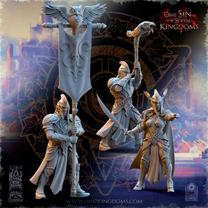 May include: Three grey plastic miniature figures of elves, one holding a banner with a stylized symbol, one holding a sword, and one holding a staff with a bird on top. The figures are standing on a background with a circular design and the text "One Sin for Seven Kingdoms".