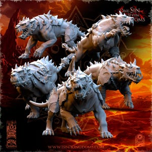 May include: A collection of five gray fantasy creature figurines, resembling armored dogs with sharp teeth and spiked armor. The figures are in various poses, with a fiery background and text that reads "ONE SIN SEVEN KINGDOMS".