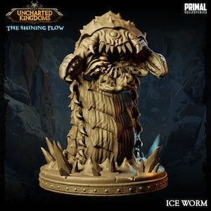 May include: A detailed, beige-coloured miniature of an ice worm with a large, open mouth and sharp teeth. The worm is standing on a base with a ring of spikes around it. The text "ICE WORM" is printed below the base.