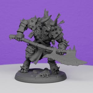 May include: A gray, detailed miniature figurine of a minotaur warrior holding a large axe. The figure is wearing armor and has a horned bull head.