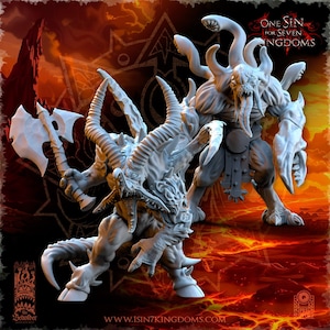 May include: Two detailed, grey, 3D printed miniature figures of demonic creatures. One figure has a large axe and horns, the other has multiple tentacles and a gaping maw. The figures are set against a fiery background with the text "One Sin for Seven Kingdoms" at the top.
