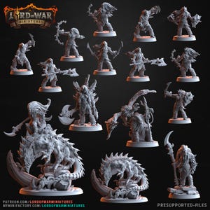 May include: A set of 12 grey 3D printed miniatures of fantasy creatures, including a dragon, a warrior, and a beast. The miniatures are pre-supported and ready to be printed. The miniatures are designed for tabletop role-playing games and wargames.  PRESUPPORTED-FILES