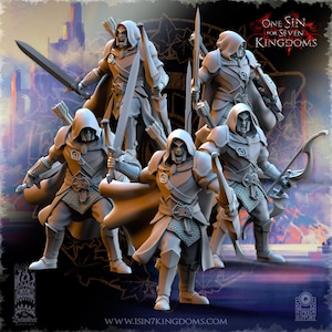 May include: Five grey plastic miniature figures of hooded figures with bows and arrows. The figures are posed in a variety of action poses. The figures are part of a tabletop game called "One Sin for Seven Kingdoms".