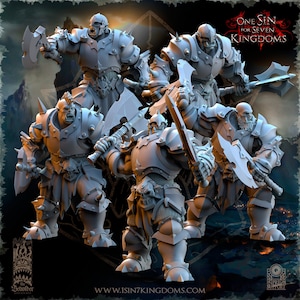 May include: Five grey plastic miniature figures of orcs wearing armour and wielding axes. The figures are posed in various fighting stances. The figures are part of a tabletop game called "One Sin for Seven Kingdoms".