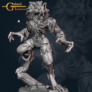 May include: A gray werewolf miniature figurine with a detailed, snarling face and clawed hands and feet. The figure is posed on a wooden log, with torn clothing and a furry mane. The figure is labeled with the text "Galaad Miniatures" and the letter "A".