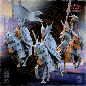 May include: Three gray plastic miniature figures of knights riding dragon-like creatures. The knights are wearing armor and helmets with horns. The creatures have wings and tails. The figures are posed in a dynamic action stance. The figures are part of a tabletop game called "One Sin for Seven Kingdoms".