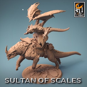 May include: A detailed miniature of a dragon riding a reptilian creature, both sculpted in a light brown color. The dragon has wings spread out and is holding onto the creature's back with its claws. The creature has a long tail and a sharp snout. The miniature is titled "Sultan of Scales".