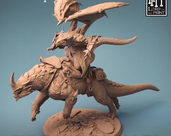 Winged Dragonborn Rider on Great Beast | Lord of the Print Miniatures | Compatible with D&D/AoS | Fantasy | Tabletop RPG