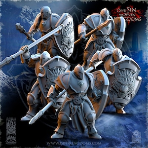 以下が含まれることがあります： 剣と盾を持った戦士のグレーのプラスチック製ミニチュアフィギュアが5体。盾には狼の頭部のデザインが施されています。フィギュアはダイナミックな戦闘姿勢をとっています。背景には「One Sin for Seven Kingdoms」という文字が見えます。