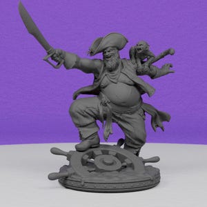 May include: A gray, 3D printed figurine of a pirate holding a sword and standing on a ship's wheel. The pirate has a large belly and a monkey on his shoulder.