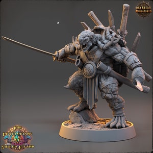 May include: A grey, detailed miniature of a turtle-like creature with a human-like body, holding a sword and wearing a samurai-style outfit. The miniature is standing on a round base.