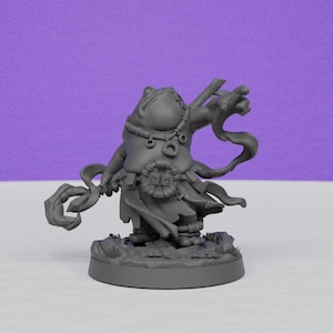 May include: A grey miniature figurine of a frog-like creature, possibly a fantasy character. The figure is detailed with a staff, necklace, and ornate clothing. It stands on a small, textured base, suggesting a tabletop game piece or collectible.