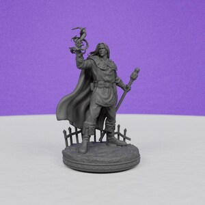 May include: A gray figurine of a fantasy character, a wizard or mage, holding a staff and a magical creature. The figure is wearing a long cloak and tunic, standing on a circular base with a small fence. The background is a solid purple.