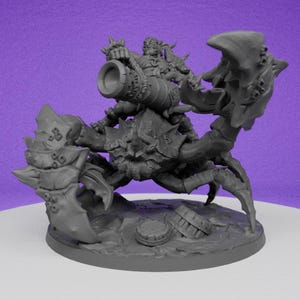 May include: A grey, detailed miniature of a creature resembling a crab with a humanoid figure riding on its back, holding a cannon. The miniature is set on a circular base with a textured surface.