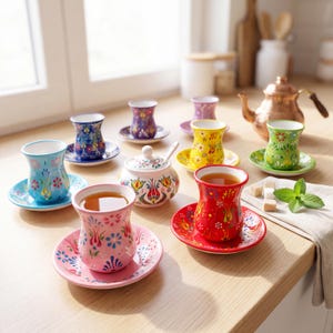 Bright kitchen tea table with handmade ceramic tea cups and saucers, colorful Turkish tea set for daily tea service, tea party, and tea lover gifts.