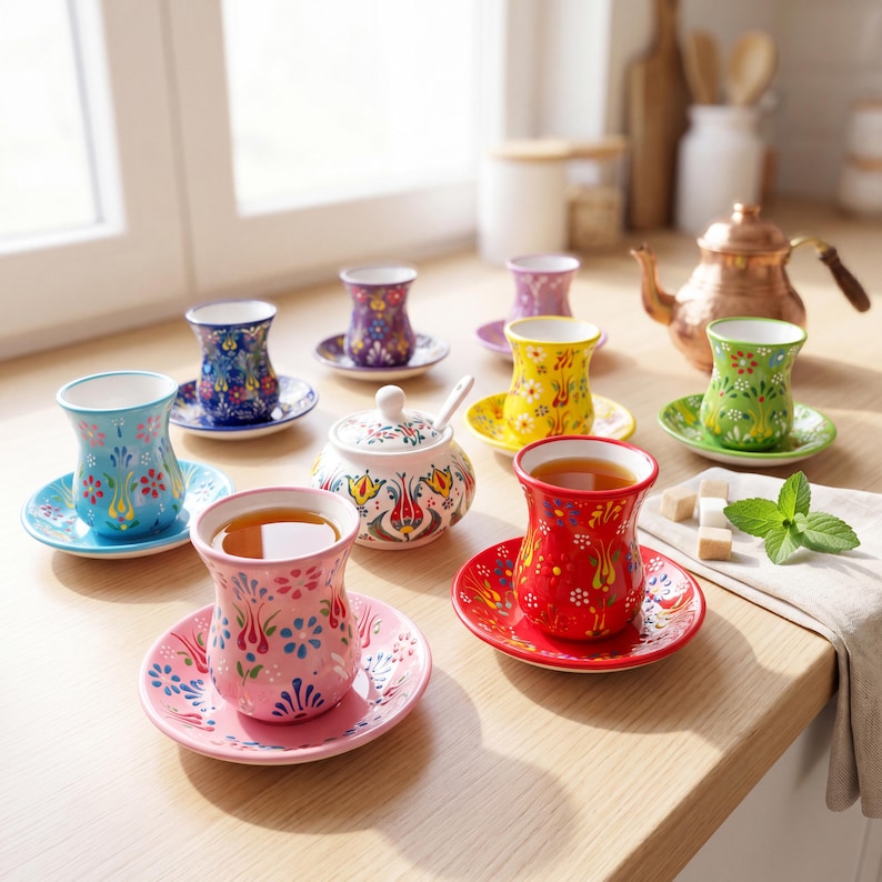 Bright kitchen tea table with handmade ceramic tea cups and saucers, colorful Turkish tea set for daily tea service, tea party, and tea lover gifts.