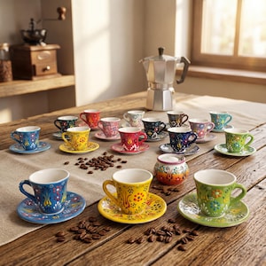 Handmade Espresso Cup Set with Saucers, Ceramic Coffee Cups