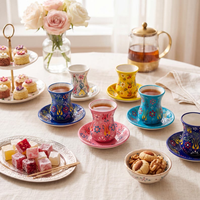 Turkish tea cups with saucers on an elegant tea table with desserts, flowers, and teapot, handmade ceramic tea cups for tea gifts and cozy serving.
