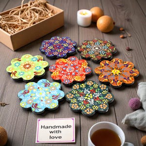 Conjunto de porta-copos de cerâmica – Porta-copos com azulejos florais, decoração para cozinha