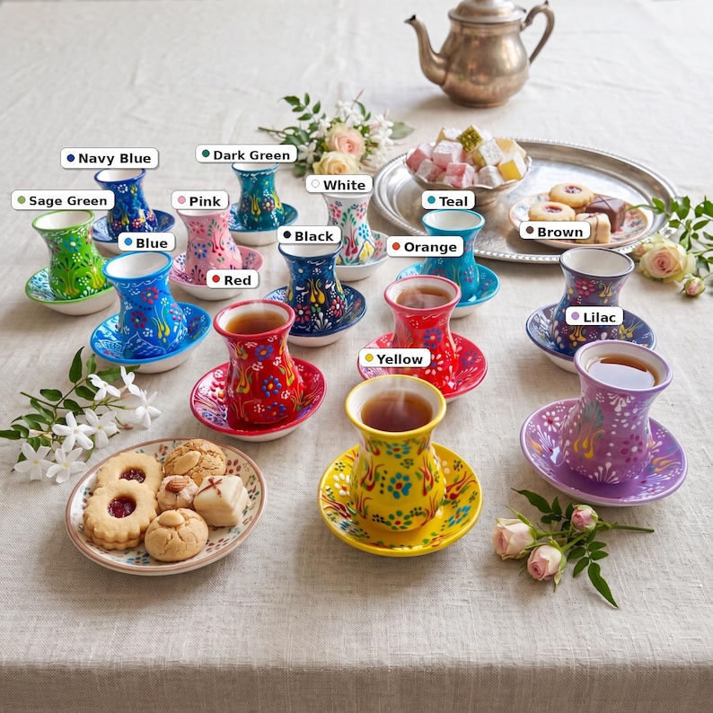 Color swatch of Turkish tea cups with saucers showing 13 ceramic colors including sage green, blue, red, yellow, navy blue, pink, black, orange, lilac, dark green, white, teal, and brown.