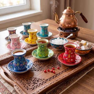 Handmade Turkish tea cups with saucers on a carved wooden tray, ceramic tea cups with copper teapot, Turkish delight, sugar cubes, and warm tea ritual setup.
