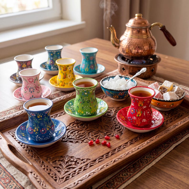 Handmade Turkish tea cups with saucers on a carved wooden tray, ceramic tea cups with copper teapot, Turkish delight, sugar cubes, and warm tea ritual setup.