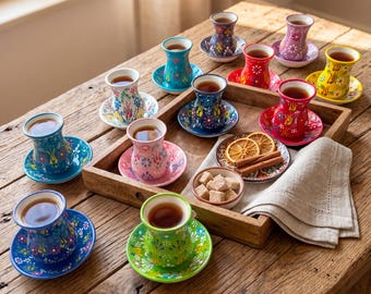 Turkish Tea Cups with Saucers, Handmade Ceramic Set, Tea Lover Gift