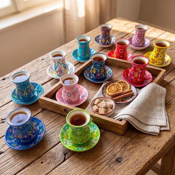 Turkish Tea Cups with Saucers, Handmade Ceramic Set, Tea Lover Gift