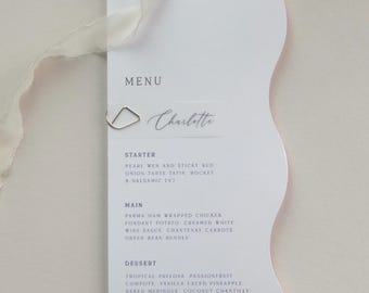 Shimmer Wavy Edge Wedding Menu Card with Vellum Name Tag
