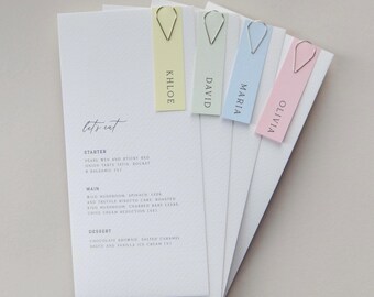 Personalised Pastel Wedding Menu Card & Name Tag with Clip