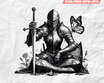 Female Kneeling Knight SVG & PNG Digital Files, Warrior Vector Graphic , Instant Digital Download, Crusader png and svg, praying knight,
