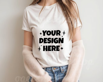 Bella Canvas 3001 Weiß Tshirt Mockup | BC 3001 Weißes Hemd Mock-up | Echtes Modell Mock | Bella Canvas Shirt, Frau weißes Tshirt Mockup