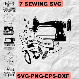 Peut inclure: Une illustration en noir et blanc d'une machine à coudre, des ciseaux, des bobines de fil et une bannière avec le texte "YOUR TEXT HERE". Il y a aussi plusieurs cœurs et d'autres motifs sur le thème de la couture autour de l'image principale.