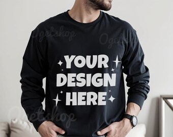 Mannelijk model zwarte ronde hals mockup, Gildan 18000 zwarte mockup, man mockup, G180 trui sweatshirt mockup, man mockup, Gildan 18000 zwart
