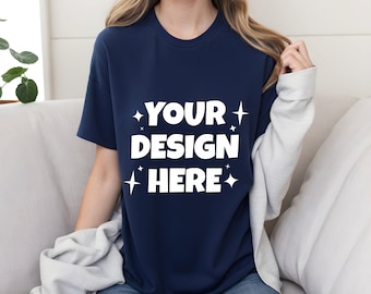 Bella Canvas 3001 Navy Tshirt Mockup | 3001 Navy T-shirt Mockup | female Model Mock | Simple Basic Neutral Aesthetic Cozy Bella Canvas Shirt