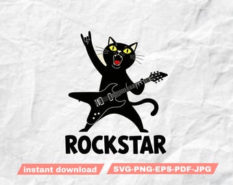 Chat rock and roll SVG PNG, chat rock star avec des cliparts guitare, poster rock n roll moche, broderie chat musique, découpe laser & impression design chat png
