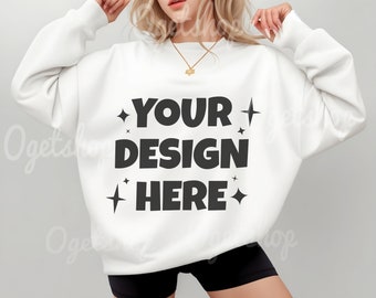 Gildan 18000 Sweatshirt Mockup White Sweatshirt Mockup Winter Sweater Mockup Model Mockup Crewneck Mockup Oversized Sweatshirt Mockup Trendy