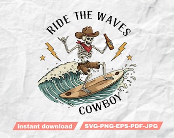 Surfing Cowboy Skeleton SVG, Western Summer Skeleton PNG, Vintage Country Surfer Clipart, Cowboy with Beer Print, Retro Beach Wall Art