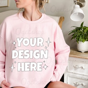 Gildan 18000 Light Pink Sweatshirt Mockup | G180 Pink Crewneck Mockup | Model Mock | Gildan 18000 | Pink Sweater | Pink Sweatshirt Mockup