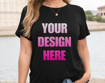 Svart T-shirt-modell, Gildan 64000 svart skjorta-modell, svart T-shirt-modell, damskjorta-modell, svart T-shirt-modell för vardagskläder, bohemisk modell