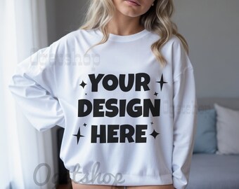 Gildan 18000 White Sweatshirt Mockup | G180 White Crewneck Mock-up | Real Model Mock | Gildan 18000 White Sweater | White Sweater mock up