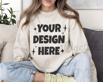 Gildan 18000 Sand Sweatshirt Mockup | G180 Sand Crewneck Mockup | Beige Tan Sweater | Model Mock | Gildan 18000 | Casual Boho Cozy Aesthetic