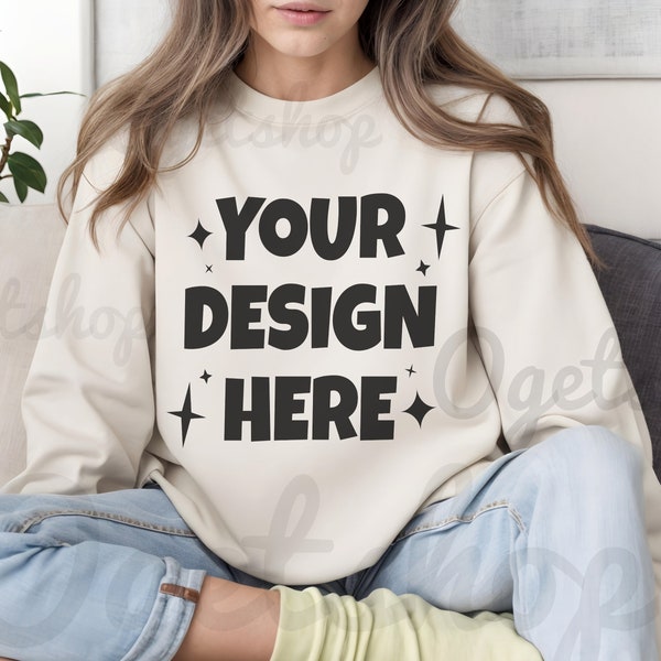 Gildan 18000 Sand Sweatshirt Mockup | G180 Sand Crewneck Mockup | Beige Tan Sweater | Model Mock | Gildan 18000 | Casual Boho Cozy Aesthetic