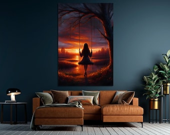 Arte de parede Menina em um balanço Pintura a óleo impressa em tela Atmosfera pacífica perfeita para relaxamento de decoração de parede, impressão digital, pôsteres de arte de parede