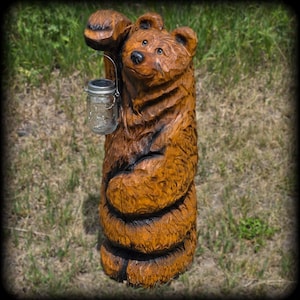 Free Shipping! Chainsaw Art Lantern Holding Welcome Bear Wood Carving 28&quot; Tall - HANDMADE IN MONTANA!
