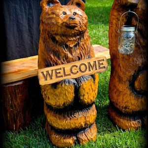 Free Shipping! Chainsaw Art Welcome Bear Wood Carving 28&quot; Tall - HANDMADE IN MONTANA!