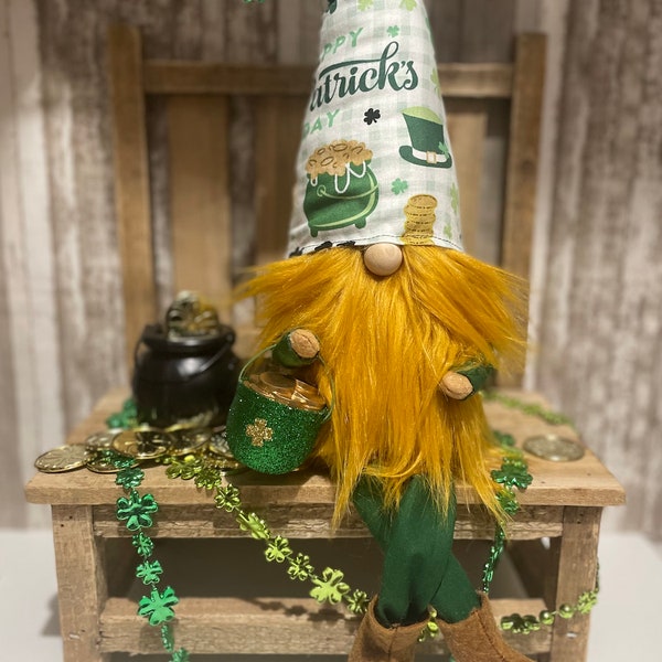 Saint Patrick's Day Gnome - Sitting Gnome - Pot Gold Gnome Decor- Tiered Tray Gnome