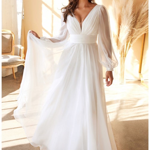 The Amelia White Long Sleeve Chiffon Wedding Gown - Etsy UK