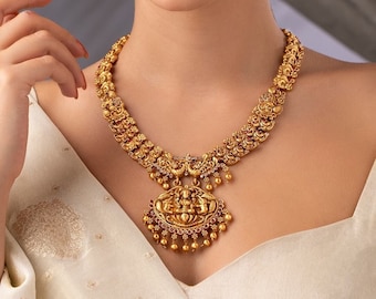 Gold Plated Godess Laxmi Pendant Necklace Set/ American Diamond Choker Set/ Bollywood Jewelry/ Indian Jewelry/ South Gold Plated Jewelry